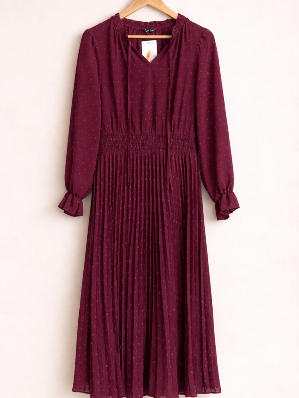 Women's Burgundy Long Sleeve Pleated Midi Dress